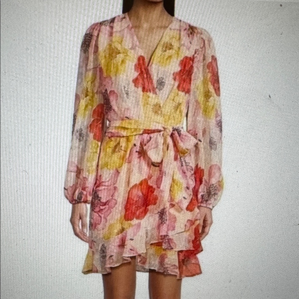 Alex Marie Laurel Pink Floral Chiffon Wrap Dress Tie Waist Long Sleeve
